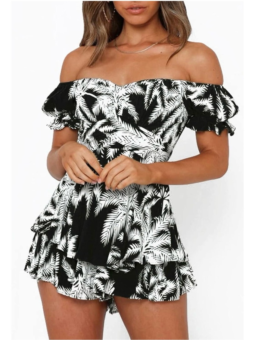 Off-Shoulder Tropical Print Romper